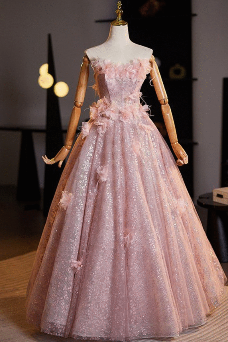 Blushing Pink Sequined Applique Strapless Ball Gown