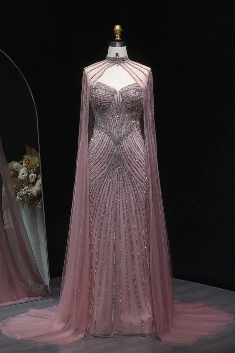 Sparkly Crystal Pink Mermaid Evening Dress with Cape Sleeves