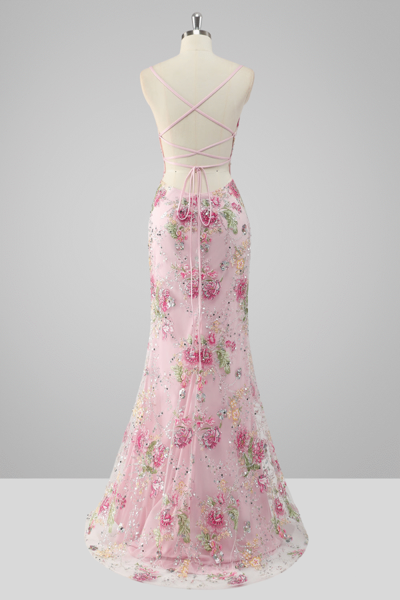 Mermaid Sparkly Pink Floral Sequin Prom Dress