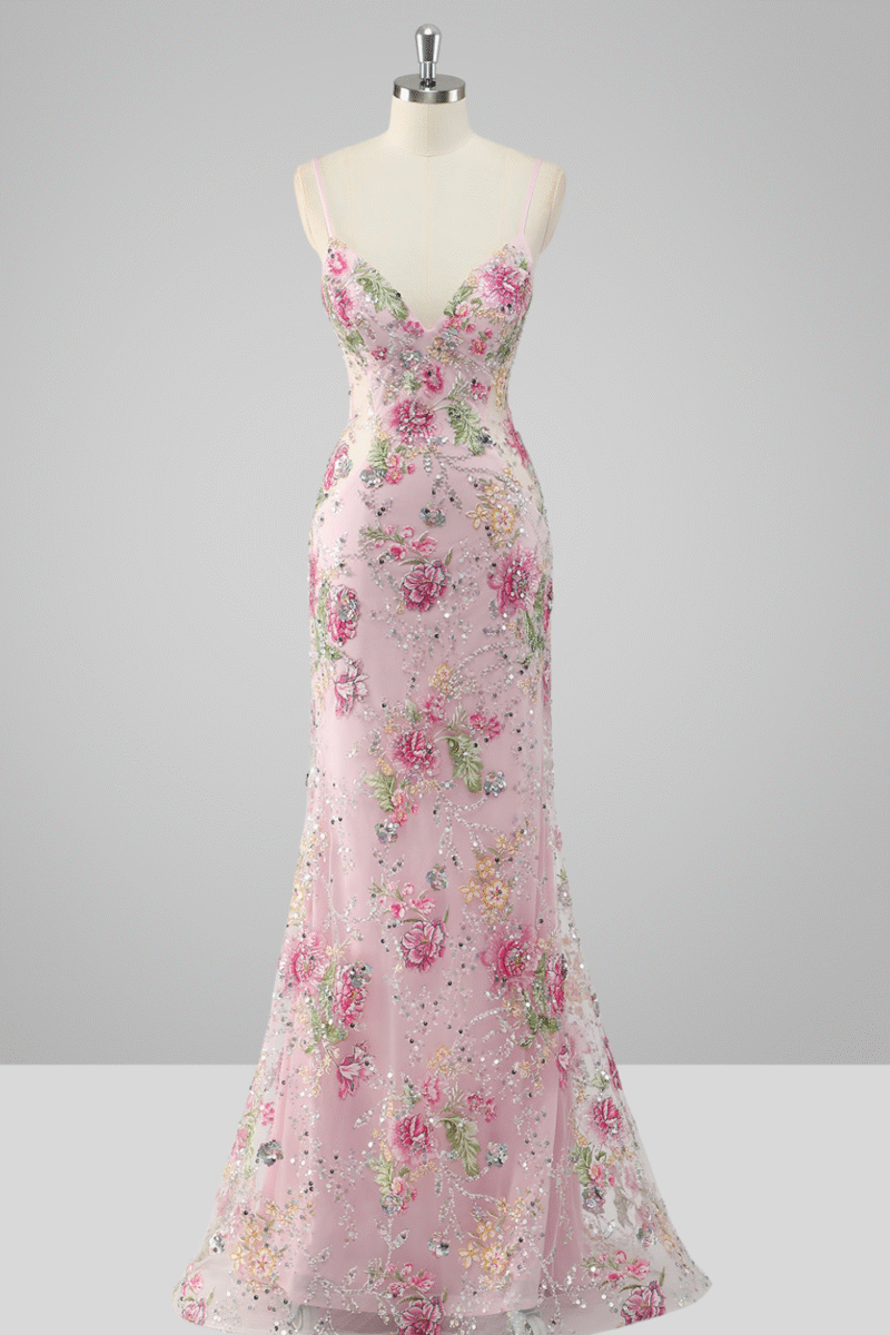 Mermaid Sparkly Pink Floral Sequin Prom Dress