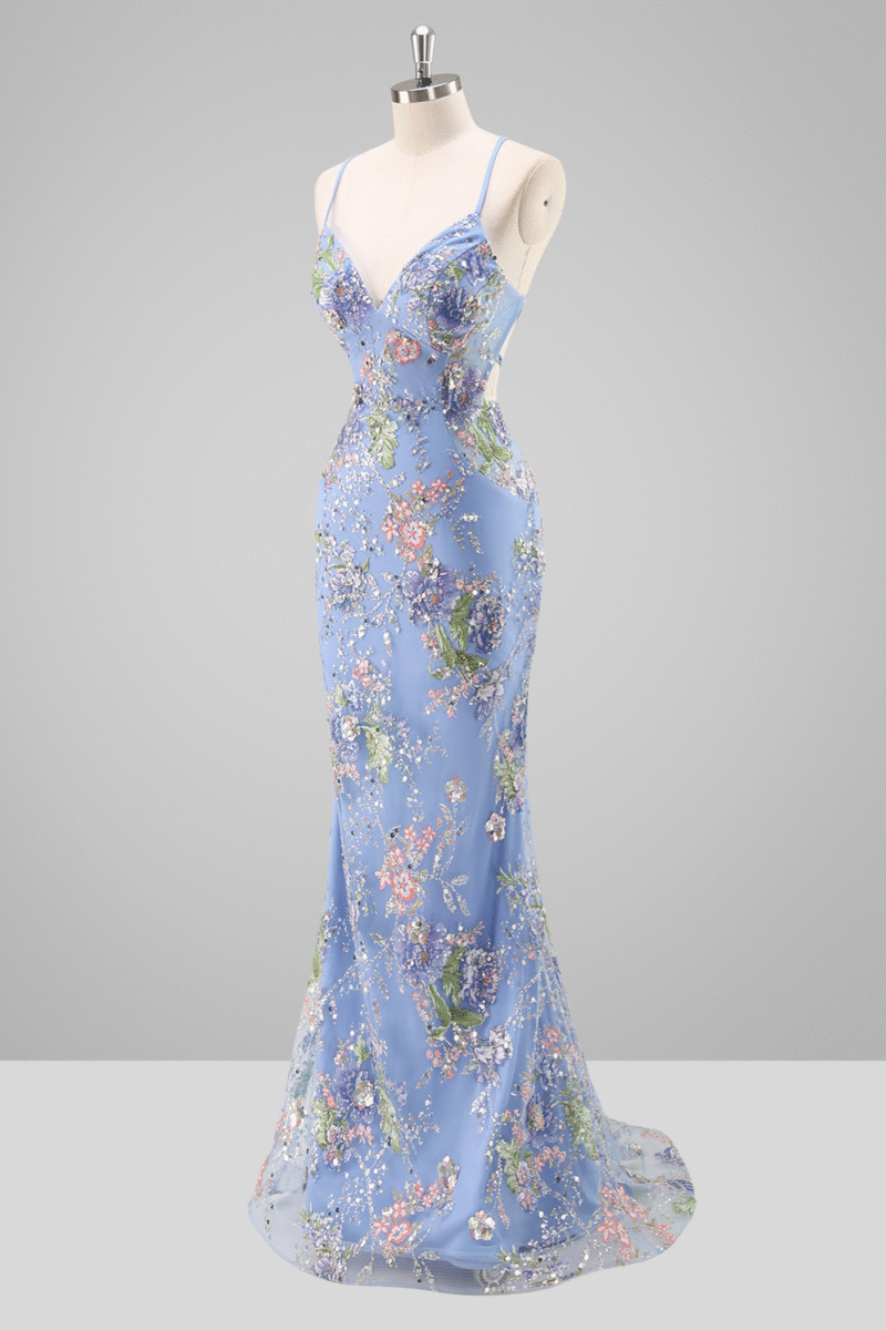 Mermaid Sparkly Pink Floral Sequin Prom Dress