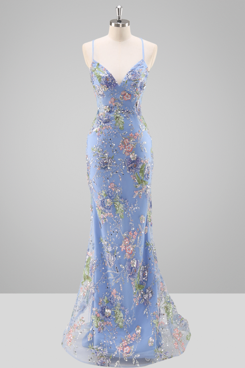 Mermaid Sparkly Blue Floral Sequin Prom Dress