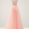 Pink Spaghetti Strap A-Line Prom Dress with Sequin Appliques