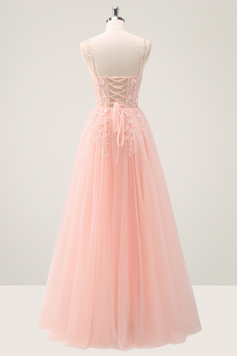 Pink Spaghetti Strap A-Line Prom Dress with Sequin Appliques