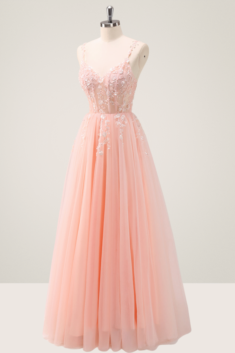 Pink Spaghetti Strap A-Line Prom Dress with Sequin Appliques
