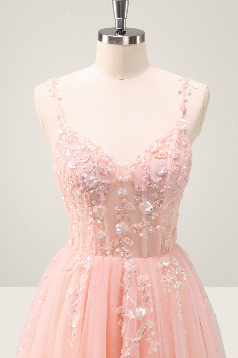 Pink Spaghetti Strap A-Line Prom Dress with Sequin Appliques