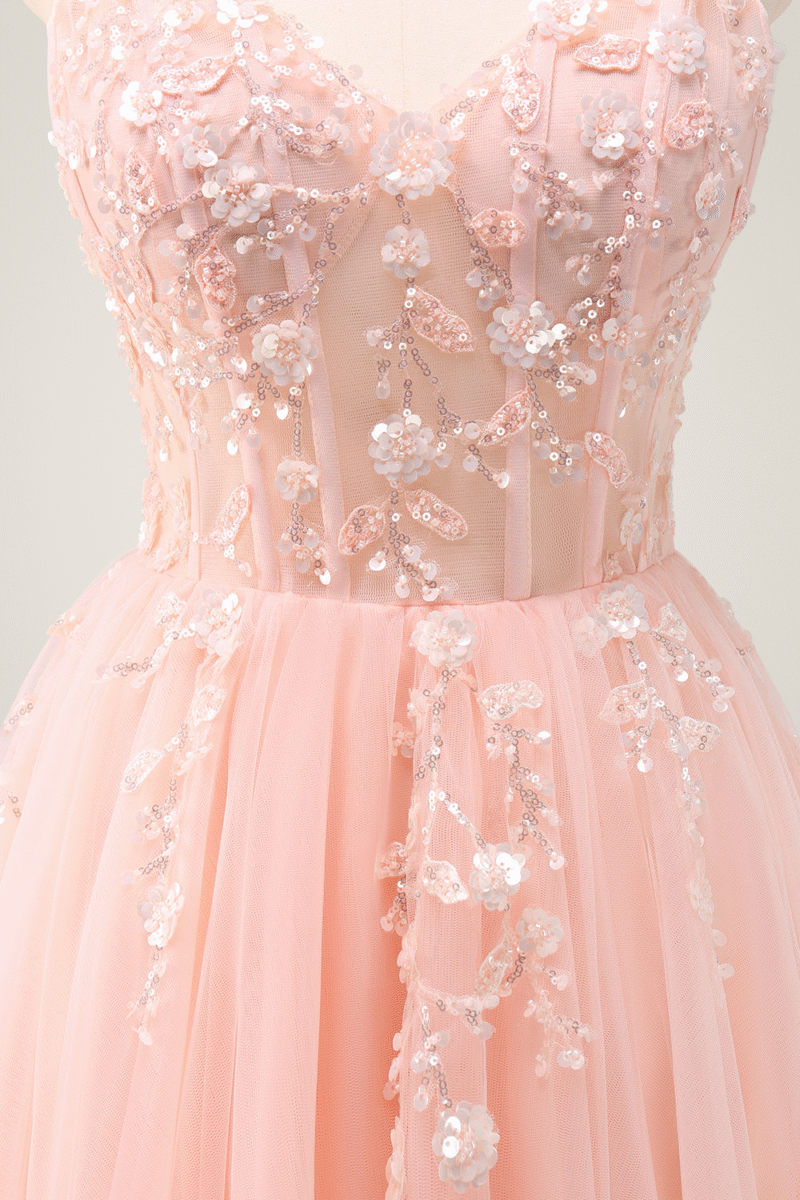 Pink Spaghetti Strap A-Line Prom Dress with Sequin Appliques