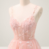 Pink Spaghetti Strap A-Line Prom Dress with Sequin Appliques