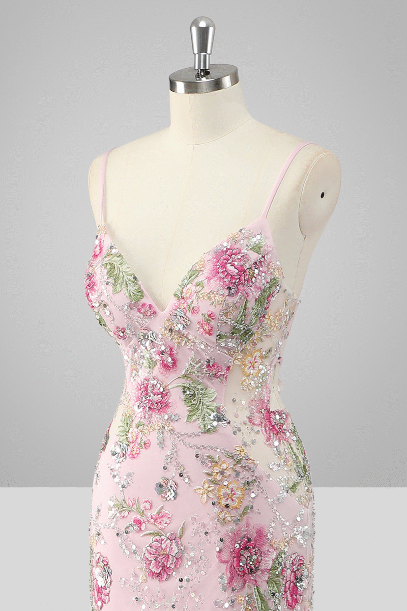 Mermaid Sparkly Pink Floral Sequin Prom Dress