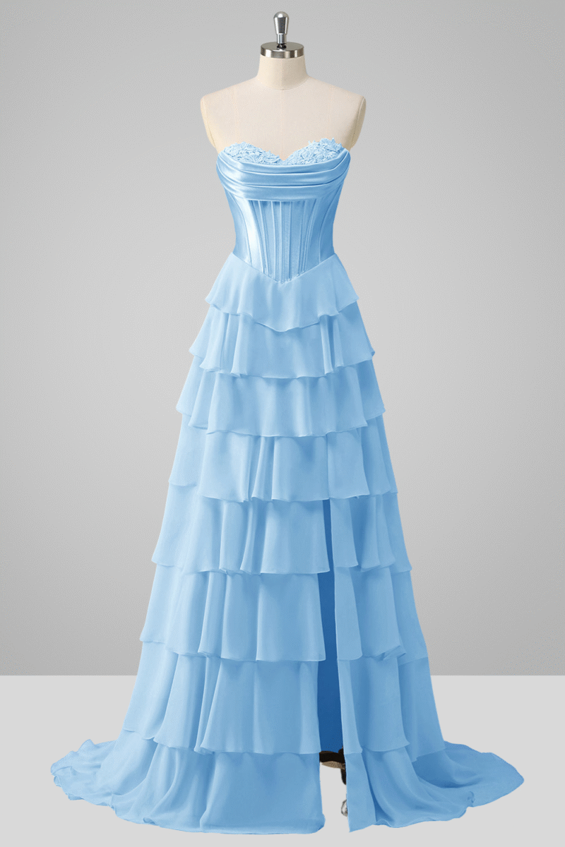 Sky Blue Tiered A-Line Prom Dress with Slit