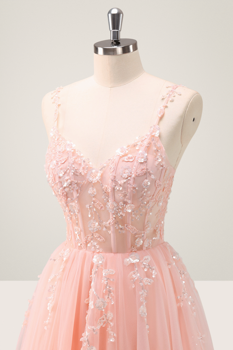 Pink Spaghetti Strap A-Line Prom Dress with Sequin Appliques