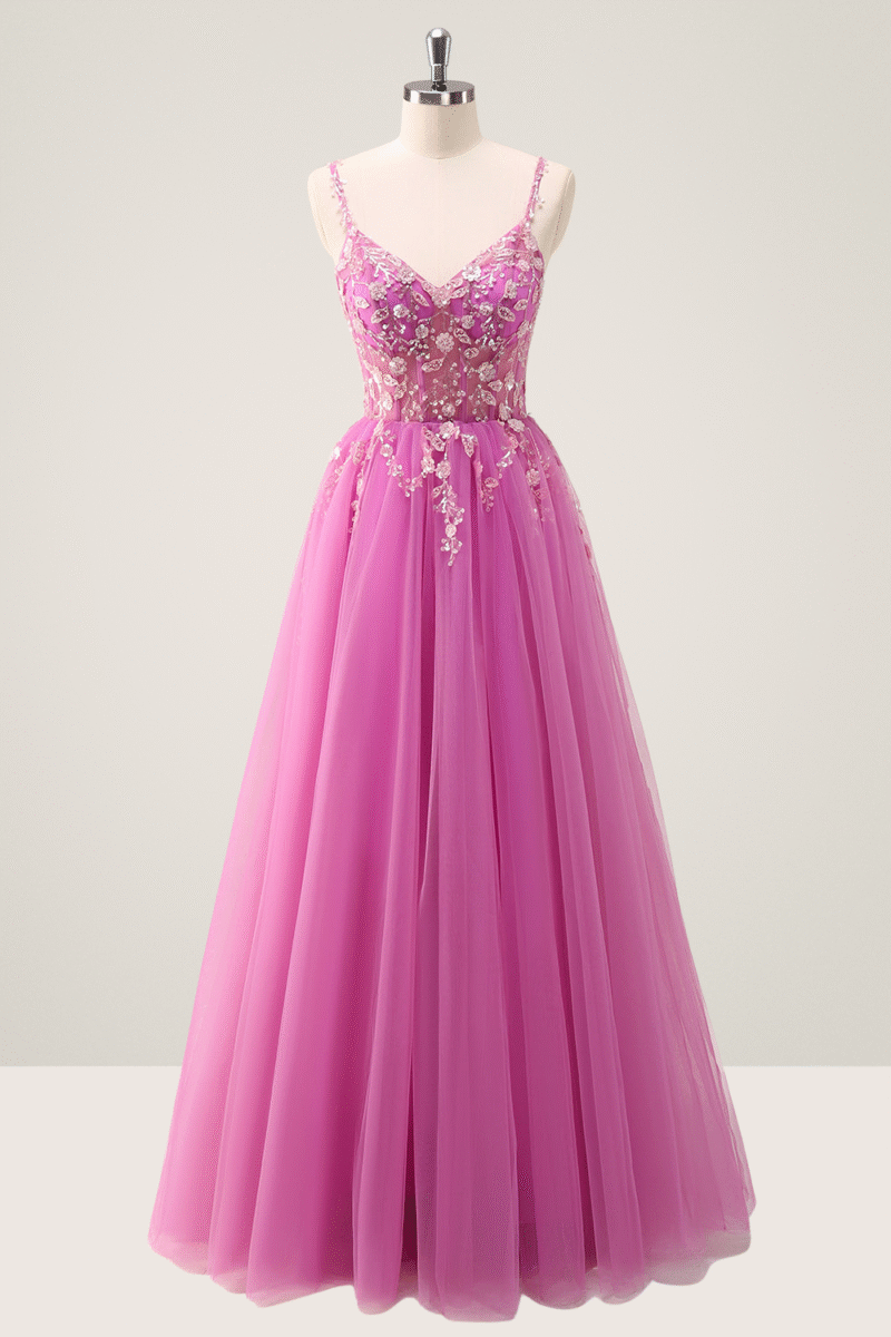 Purple Spaghetti Strap A-Line Prom Dress with Sequin Appliques