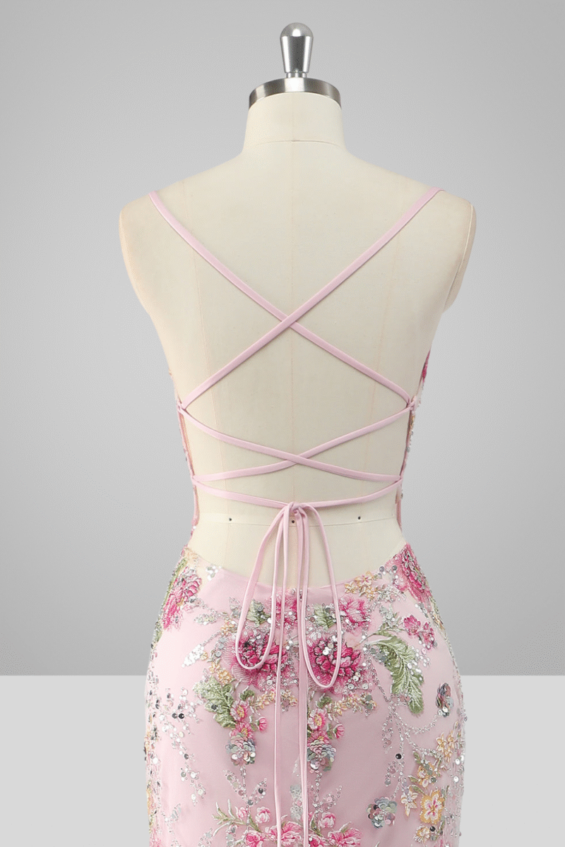 Mermaid Sparkly Pink Floral Sequin Prom Dress