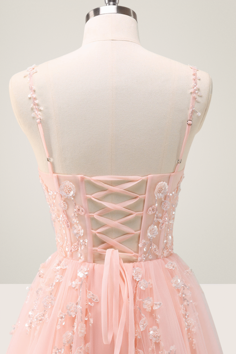 Pink Spaghetti Strap A-Line Prom Dress with Sequin Appliques