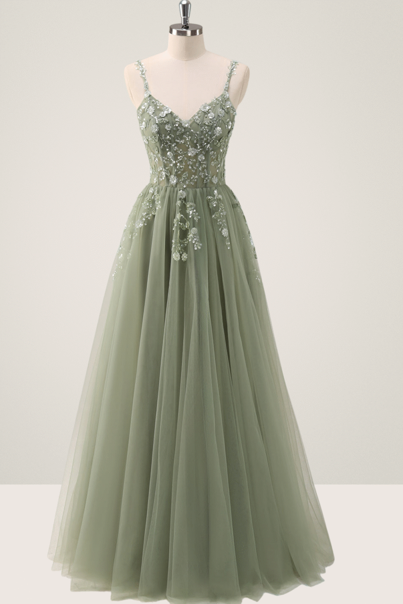 Green Spaghetti Strap A-Line Prom Dress with Sequin Appliques