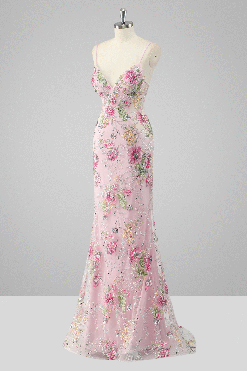 Mermaid Sparkly Pink Floral Sequin Prom Dress