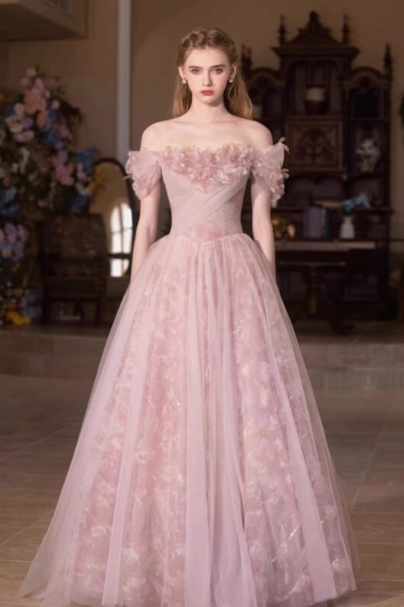 Chic Blushing Pink Applique A-Line Prom Dress – Elegant Evening Gown