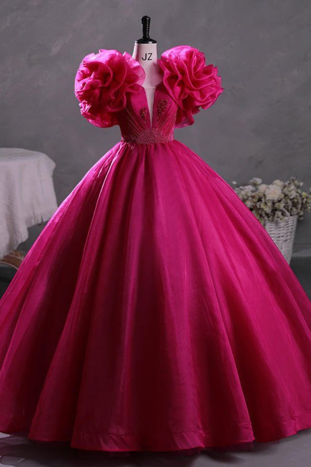 Elegant Bright Rose Red Puff Sleeves Ball Gown