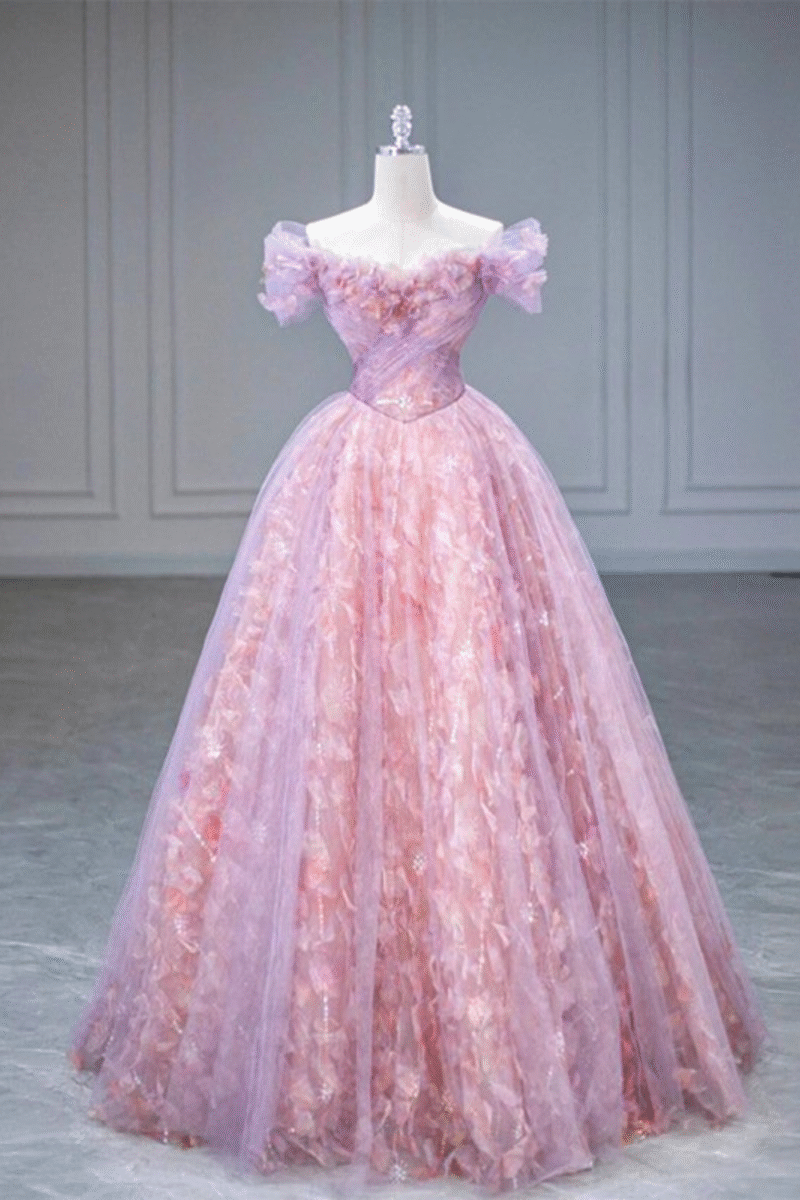 3D Off-Shoulder Light Pink Ball Gown – Prom & Evening Dress