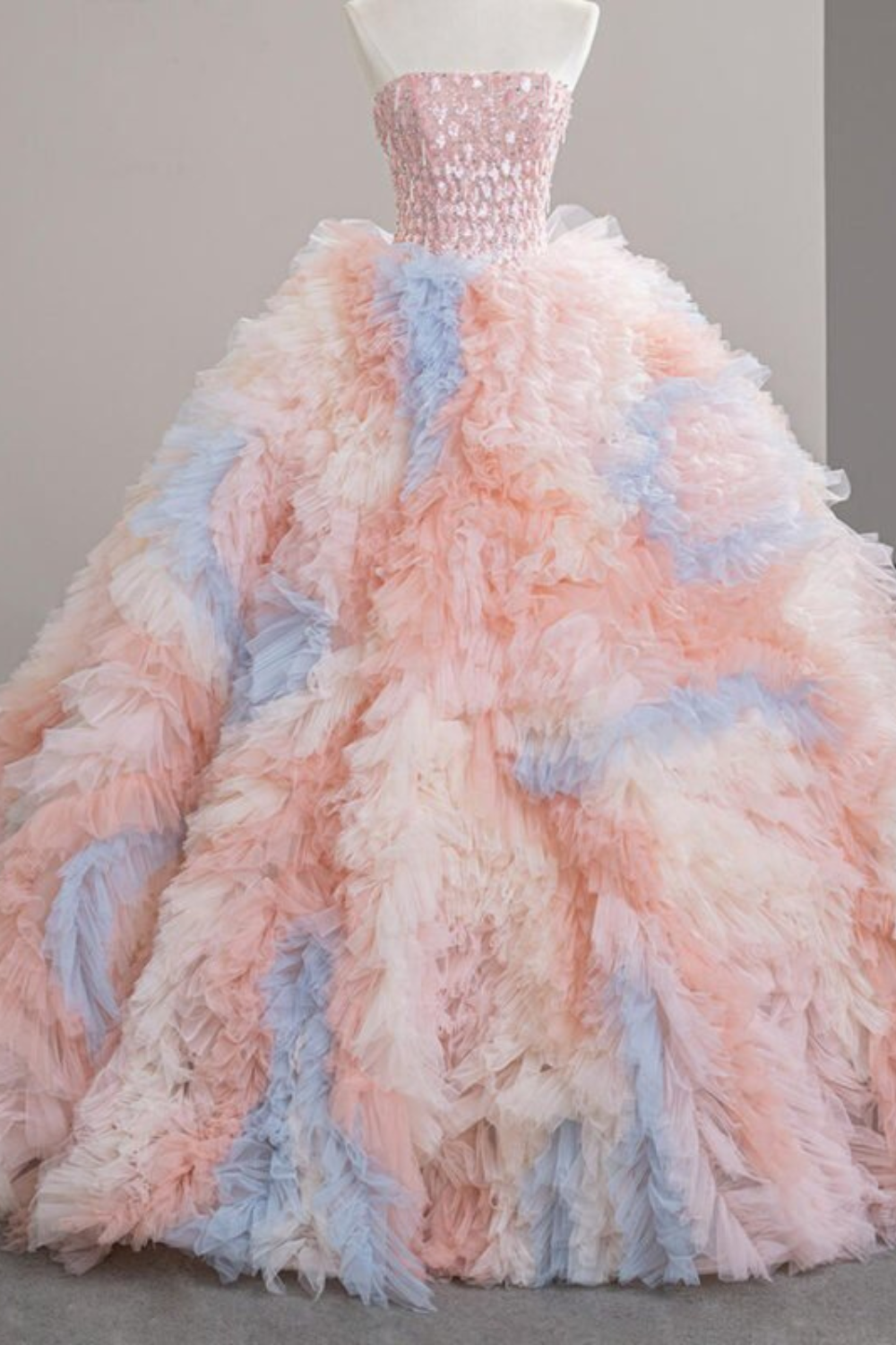 Pink and Blue Strapless Boat Neck Ruffle A-Line Gown