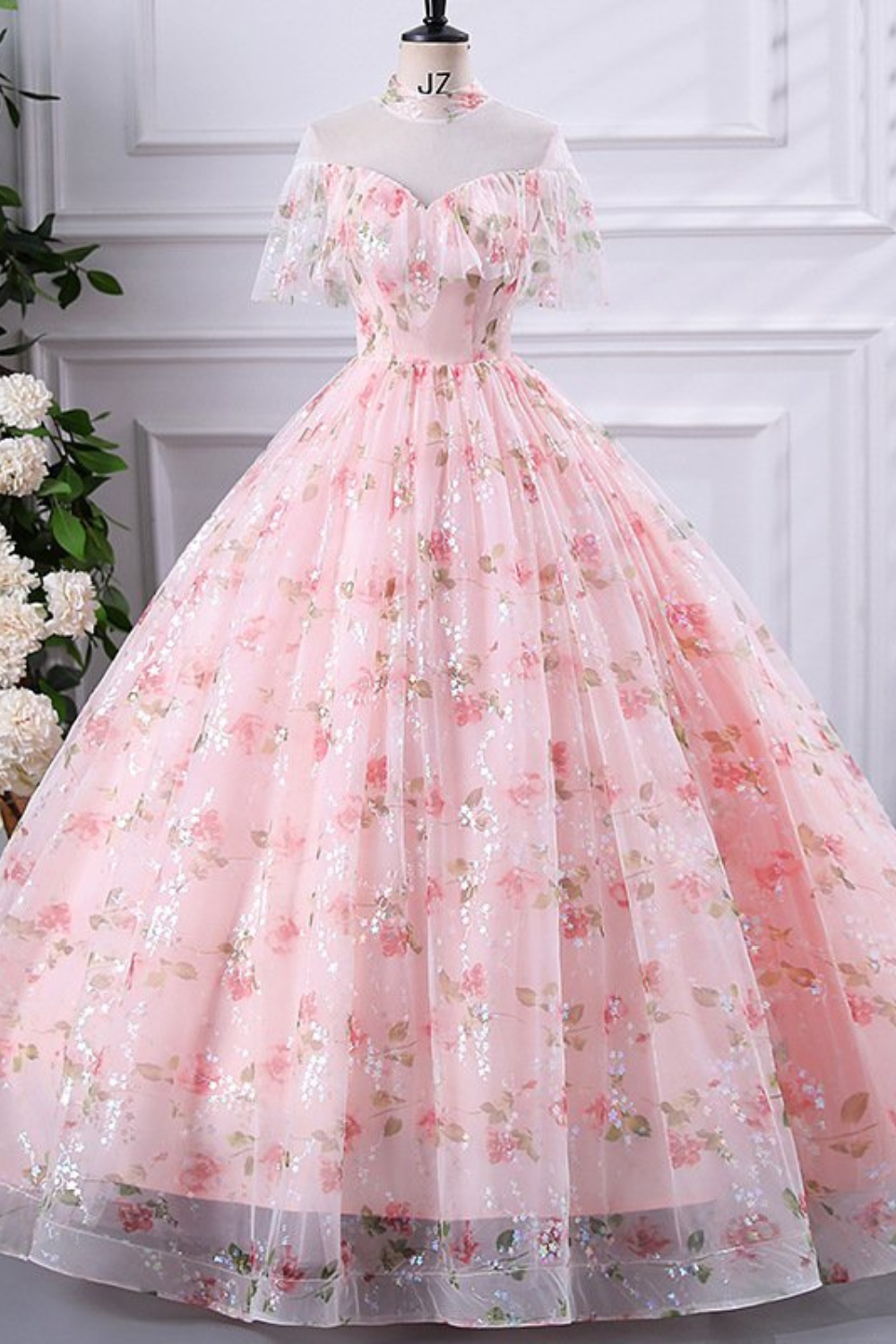Floral Print Long Prom & Evening Dress – Round Neck Party Gown