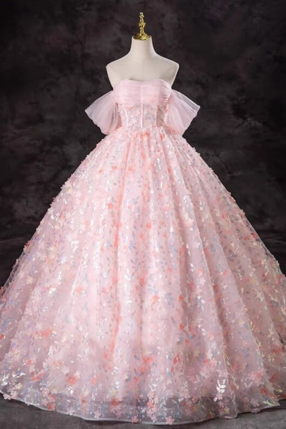 Elegant Blush Pink Floral Embellished Off-Shoulder Ball Gown