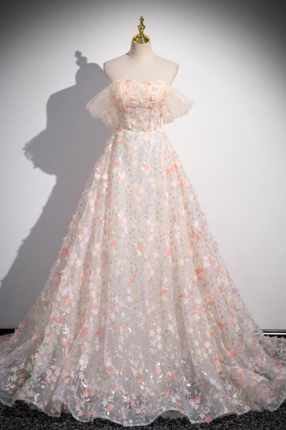 Off-Shoulder Lace Floral Long Pink Prom Dress – Elegant Evening Gown