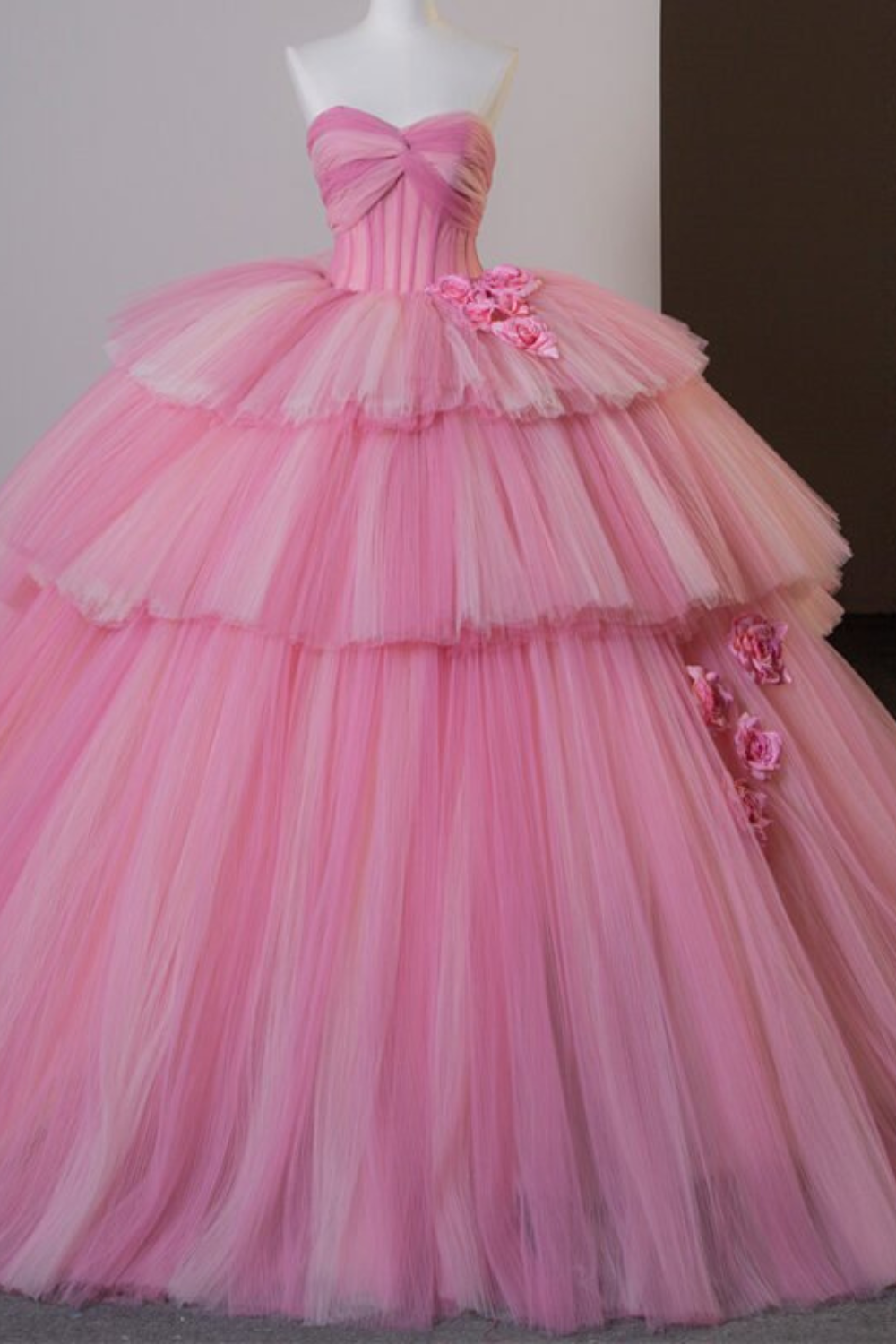 Pink Lace Flower Tulle Ball Gown Dress – Elegant Prom