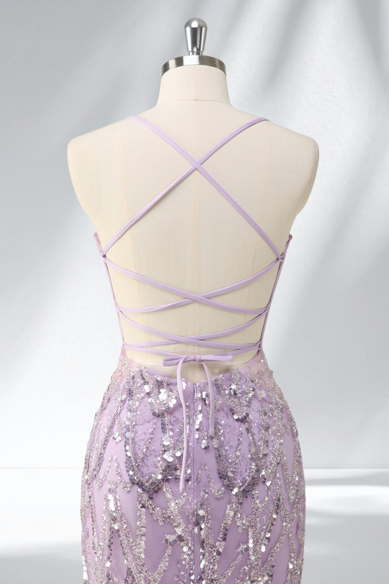 Pink Purple Sequin Spaghetti Strap Prom Dress