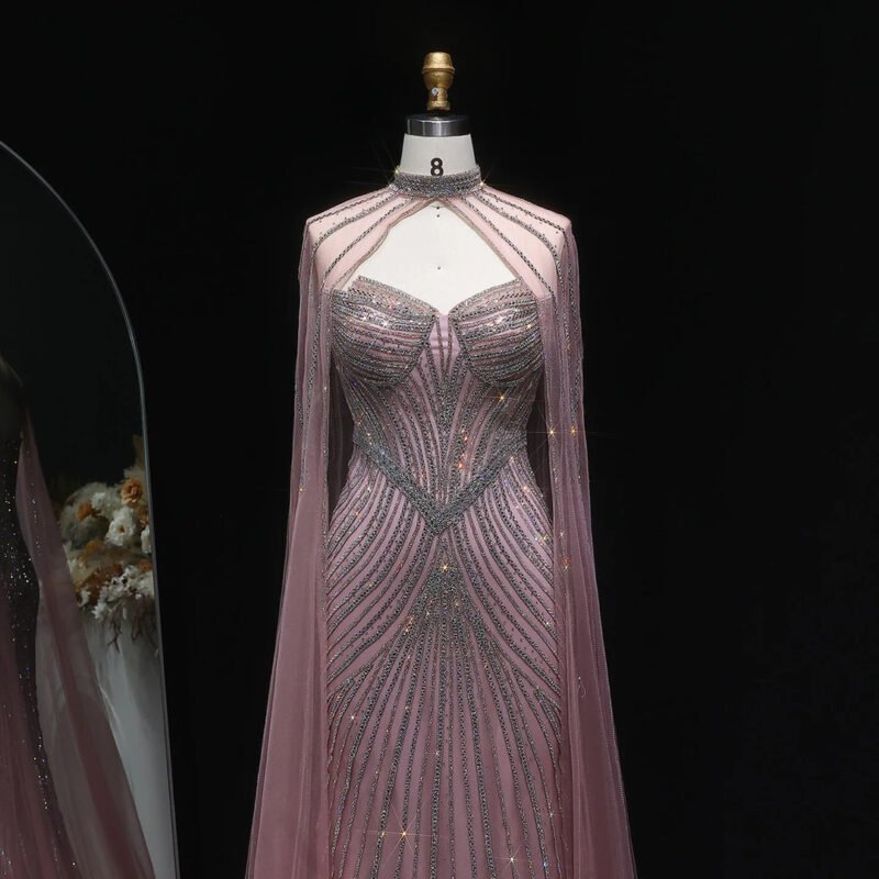 Sparkly Crystal Sky Blue Mermaid Evening Dress with Cape Sleeves