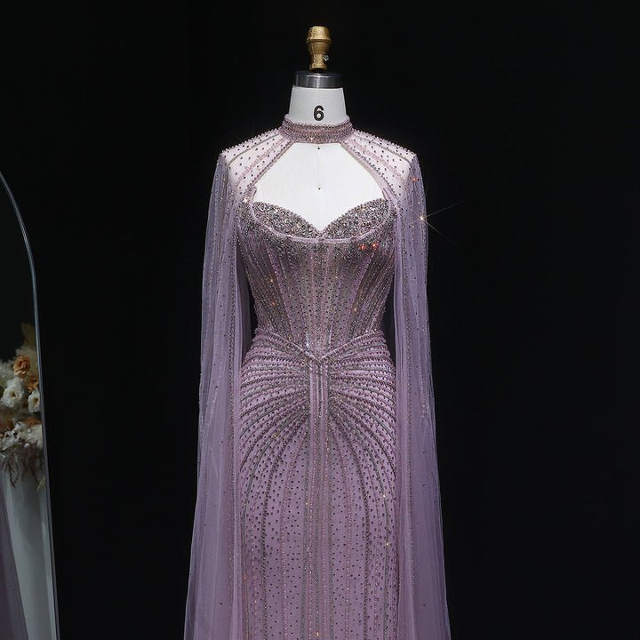 Luxury Crystal Grey Green Evening Dress With Cape Sleeves