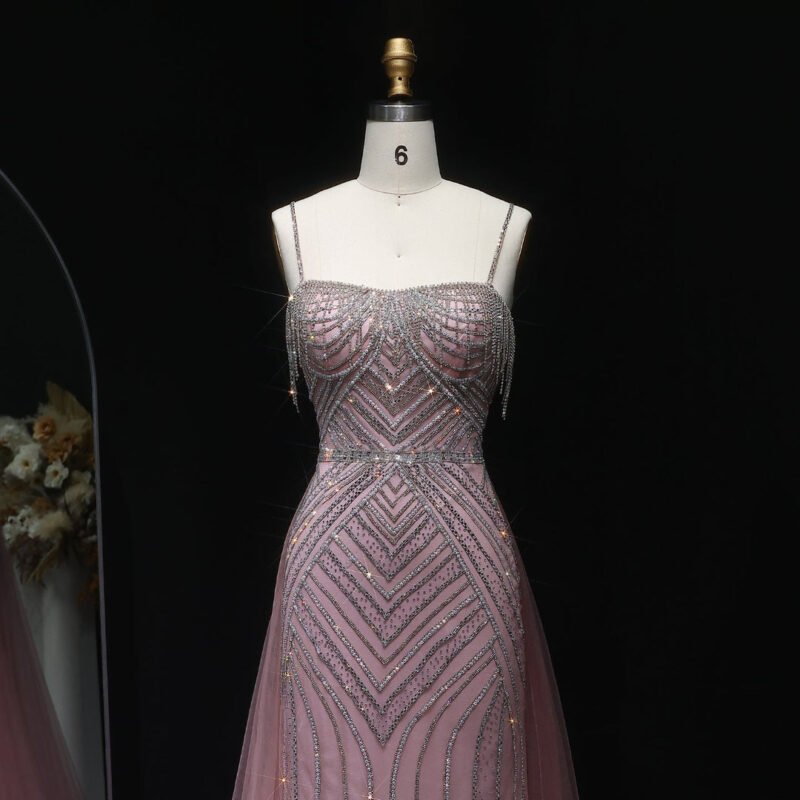 Sparkly Pink Crystal Tassel Mermaid Pink Evening Dress with Overskirt