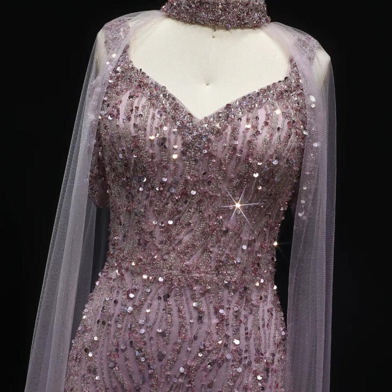 Pink Arabic Mermaid Evening Dress with Cape Sleeves