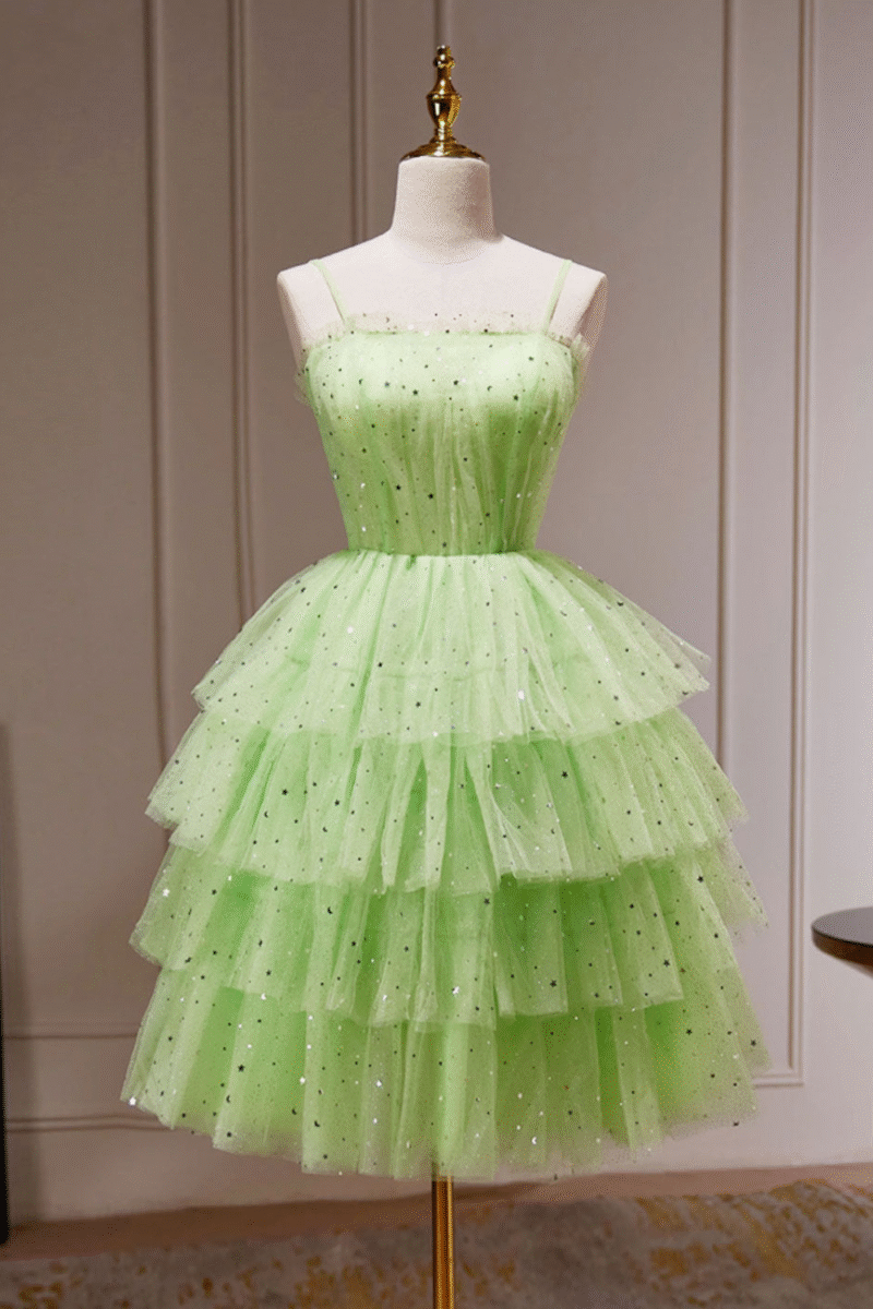Green Starry Sparkle Tulle Short Dress with Spaghetti Straps & Ruffles