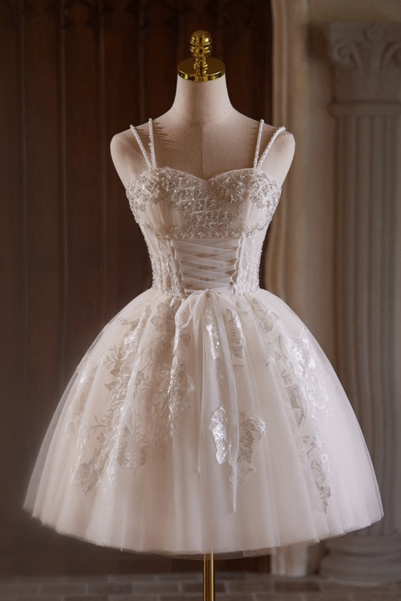 Champagne Spaghetti Strap Tulle Homecoming Dress with Beading & Pearls