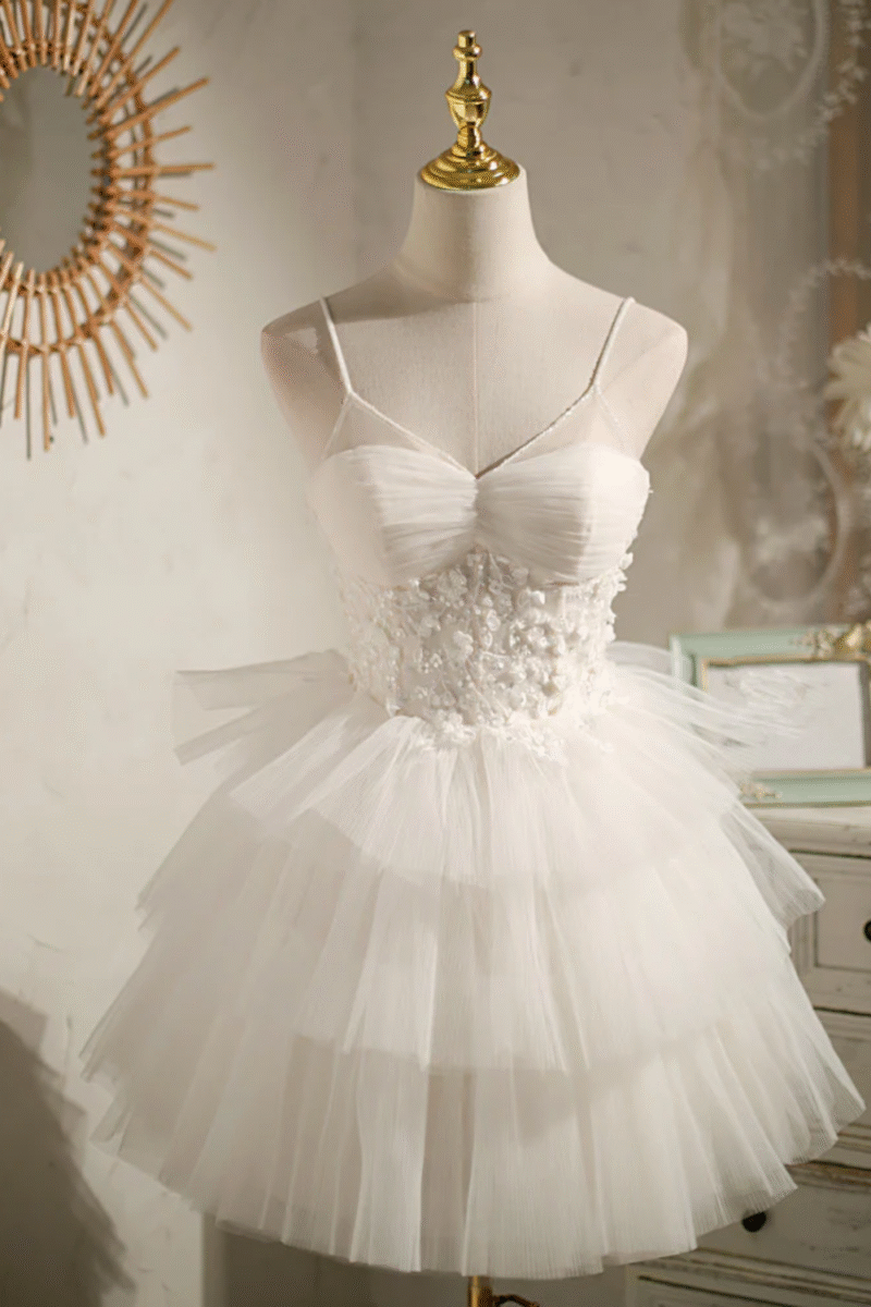 White Spaghetti Strap Short Dress with Flower Lace & Beading