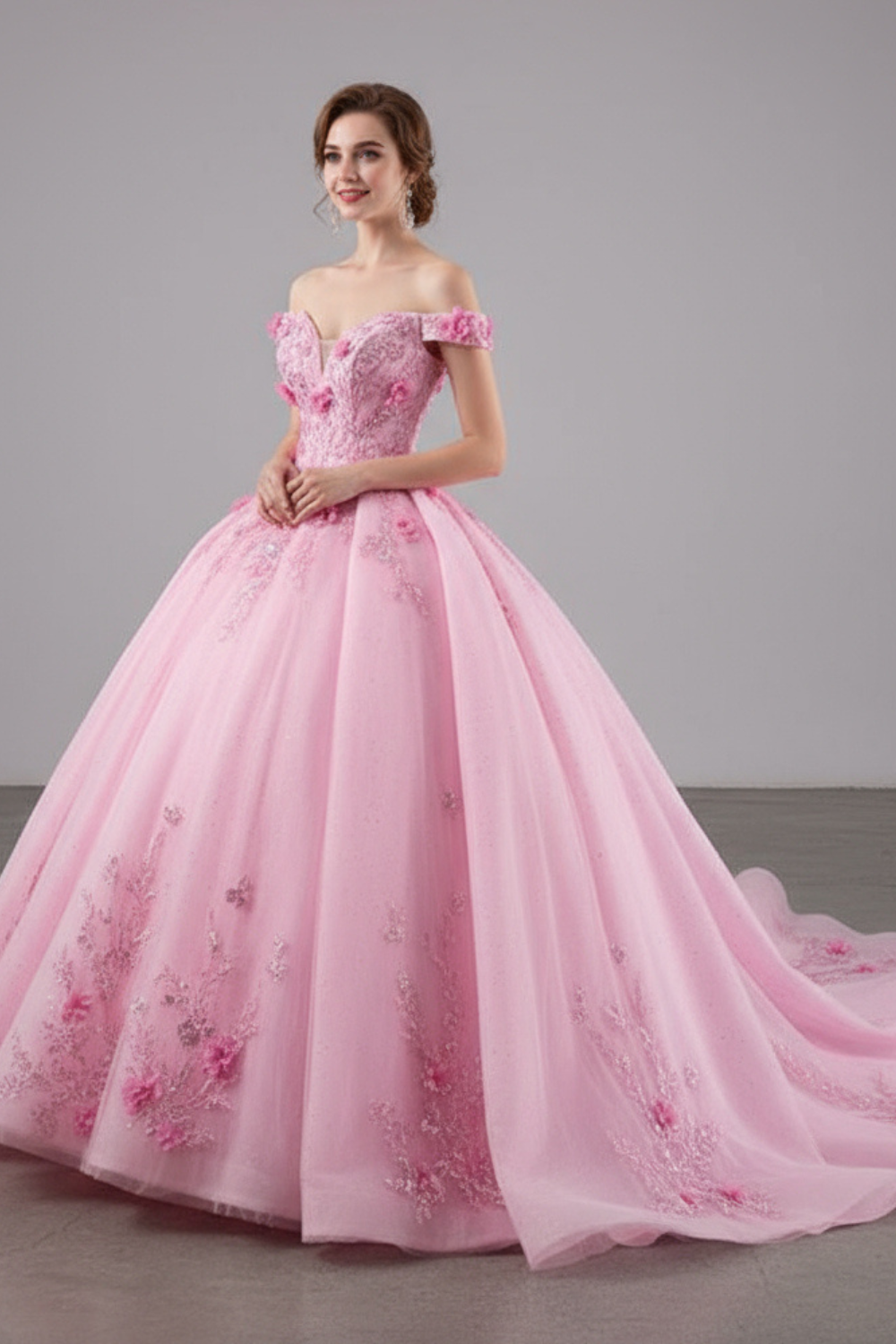 Pink Appliqued Flower Empire Quinceanera Ball Gown