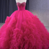 Sweetheart Neck Pink Rose Ruffles Ball Gown