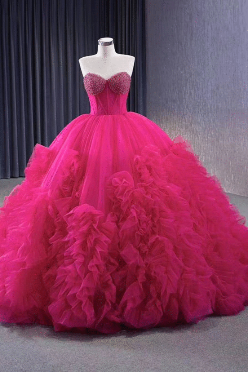 Sweetheart Neck Pink Rose Ruffles Ball Gown