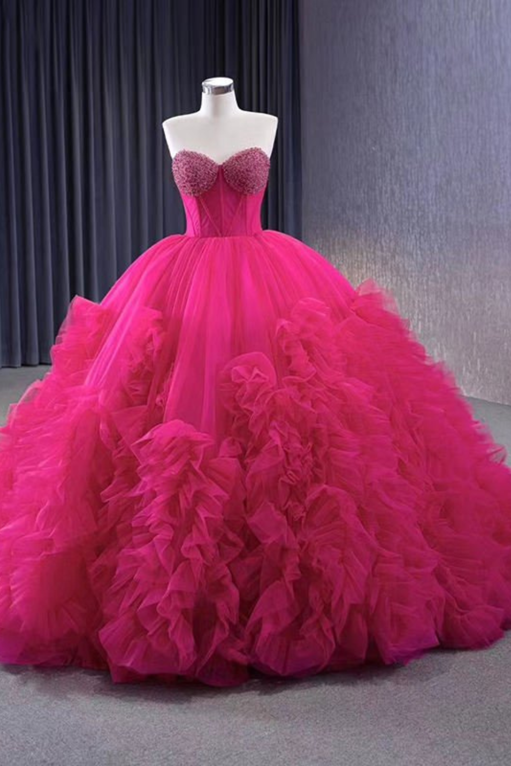 Sweetheart Neck Pink Rose Ruffles Ball Gown