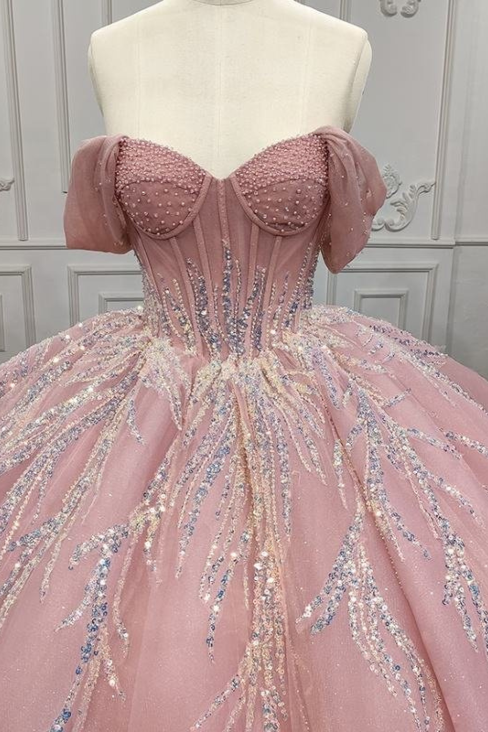 Luxury Pink Pearl Beaded Off-Shoulder Ball Gown | Quinceanera & Sweet 16 Party Dress