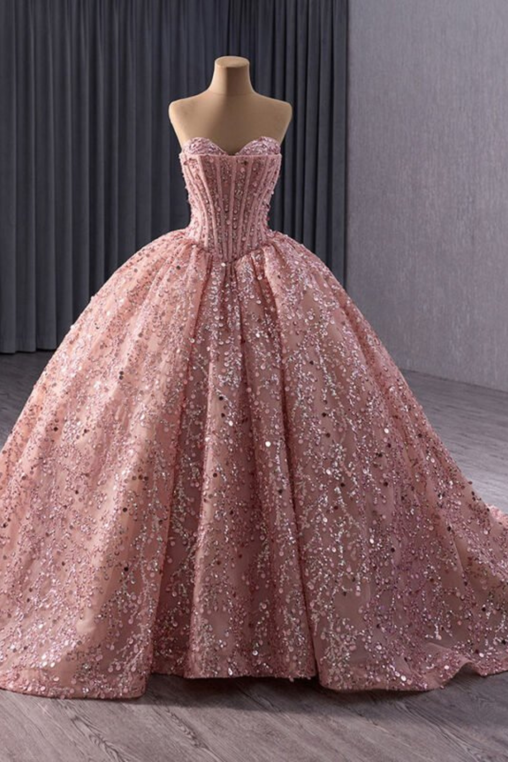 Pink Luxury Strapless Sequins & Beaded Ball Gown