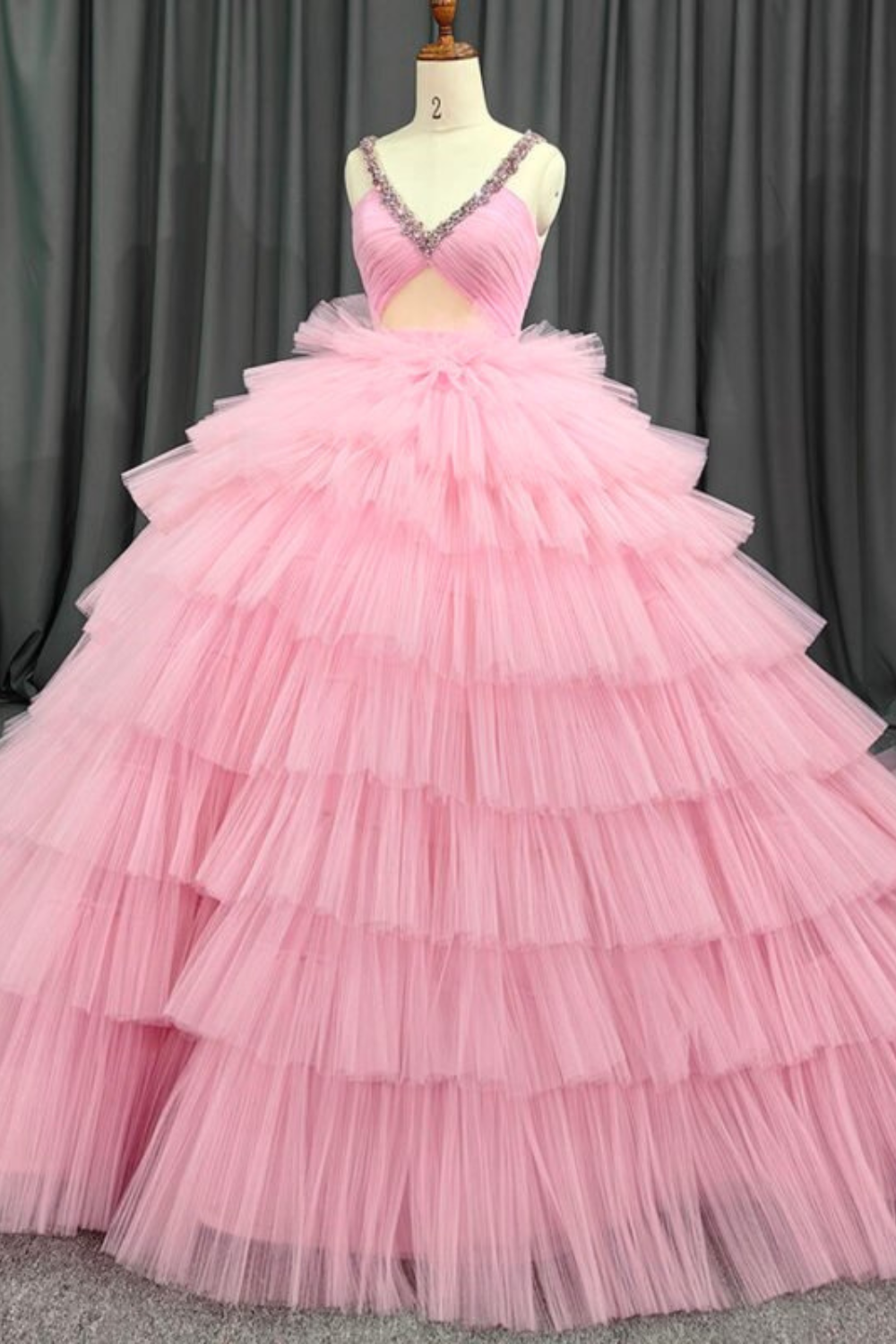 Pink V-Neck Puffy Ball Gown Dress