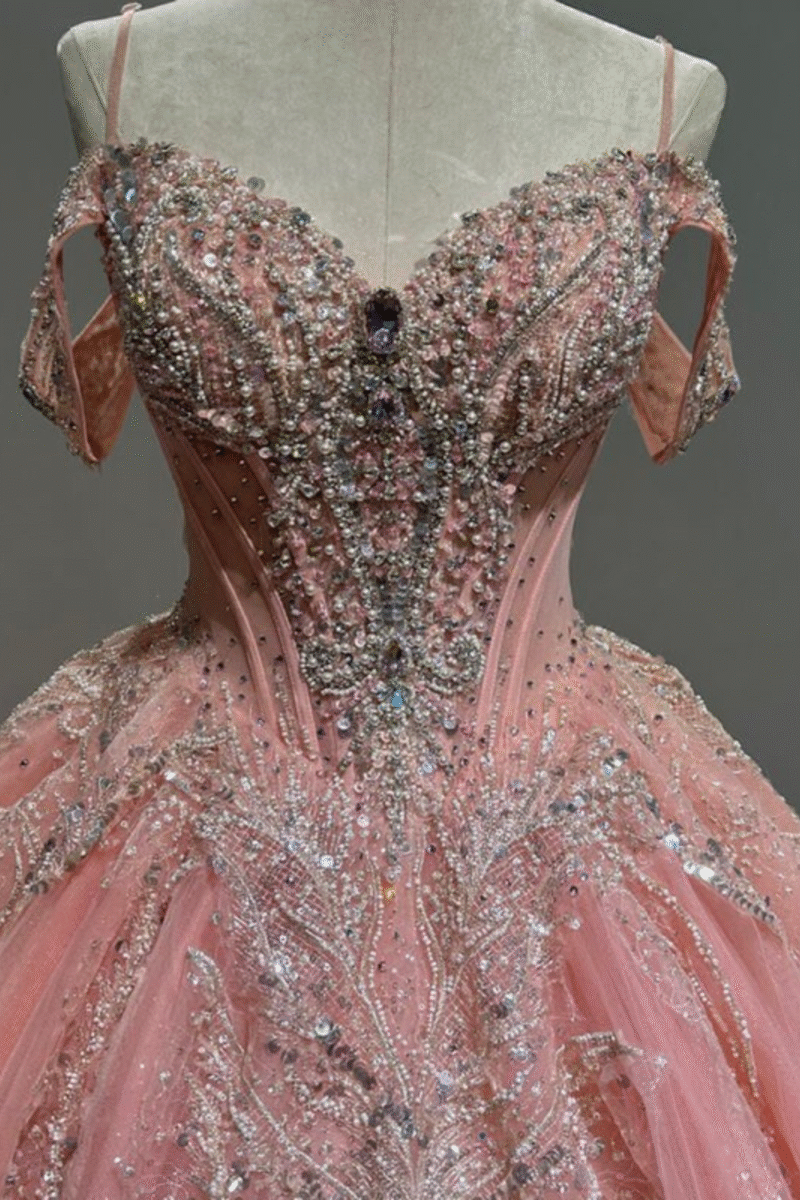 Orange Off-Shoulder Beaded Crystal Evening Dress – Sweet 16 & Prom Ball Gown