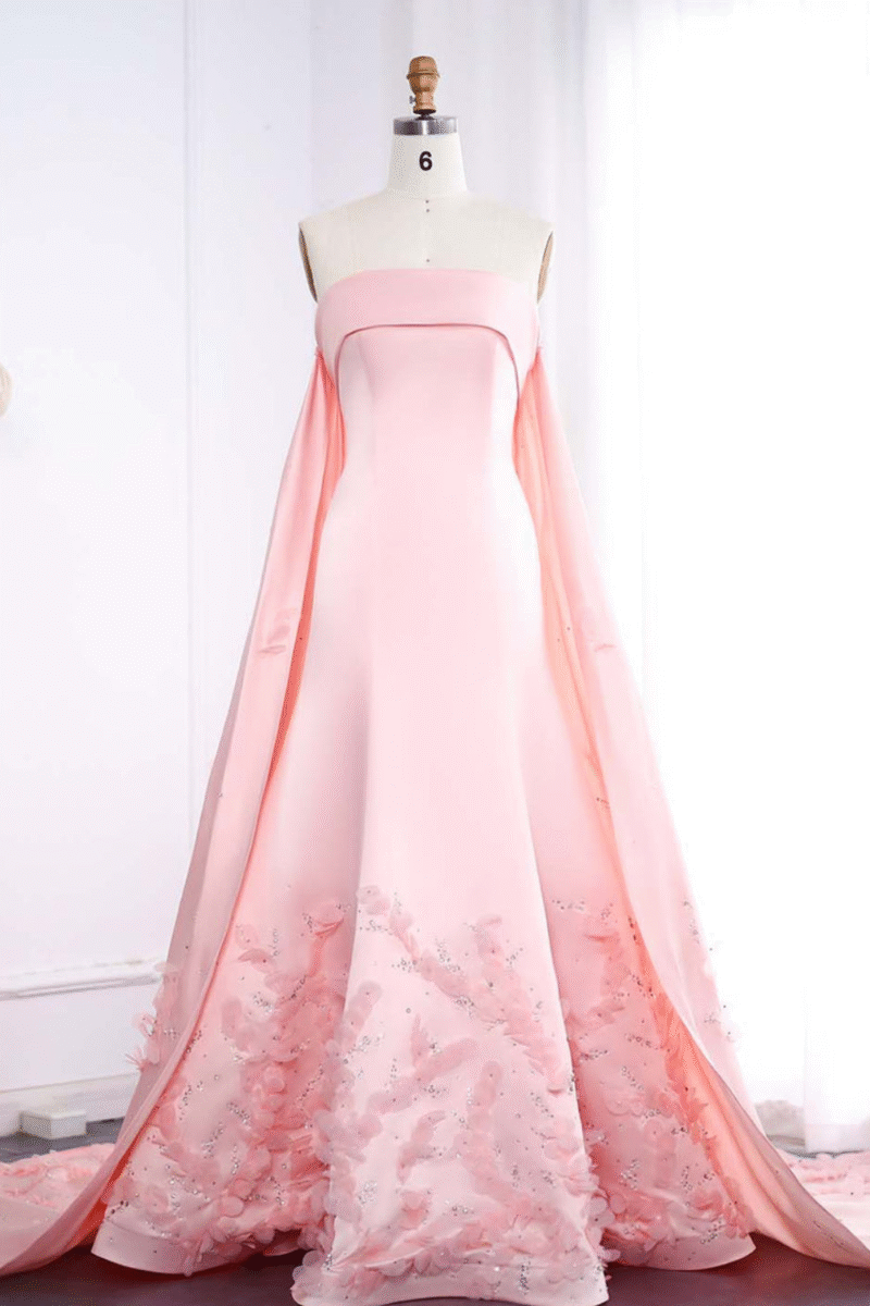Luxury Pink 3D Flower Evening Dress with Cape Sleeves