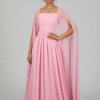 Luxury Chiffon Pink A-Line Evening Dress with Cape Sleeves