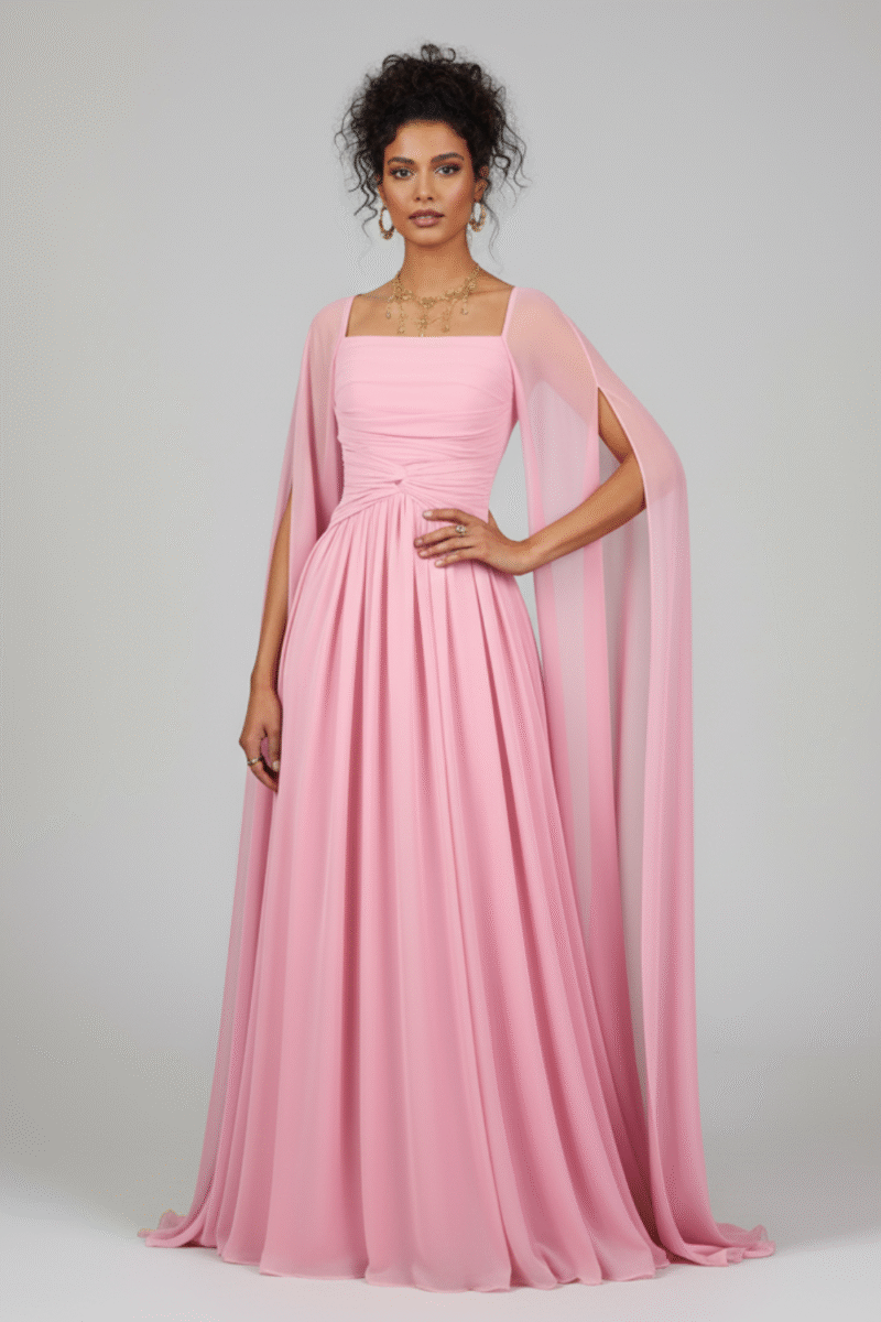 Luxury Chiffon Pink A-Line Evening Dress with Cape Sleeves