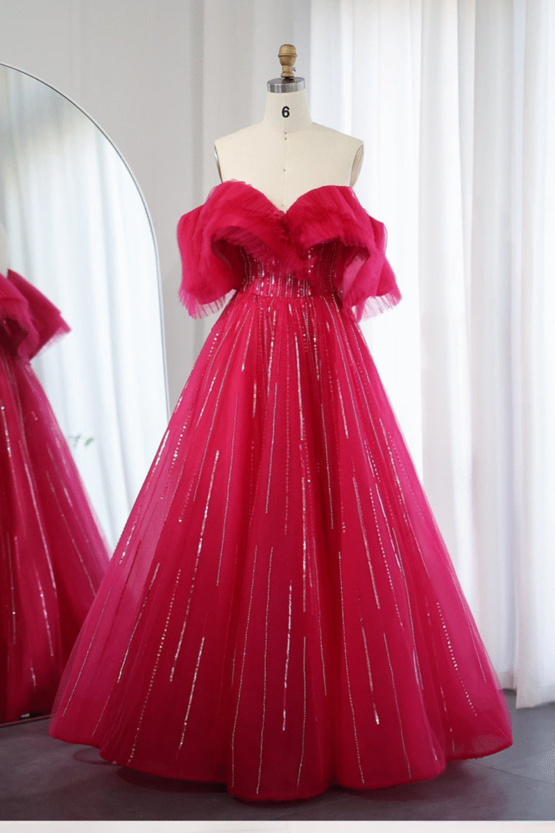 Fuchsia Luxury Dubai Ball Gown Evening Dress