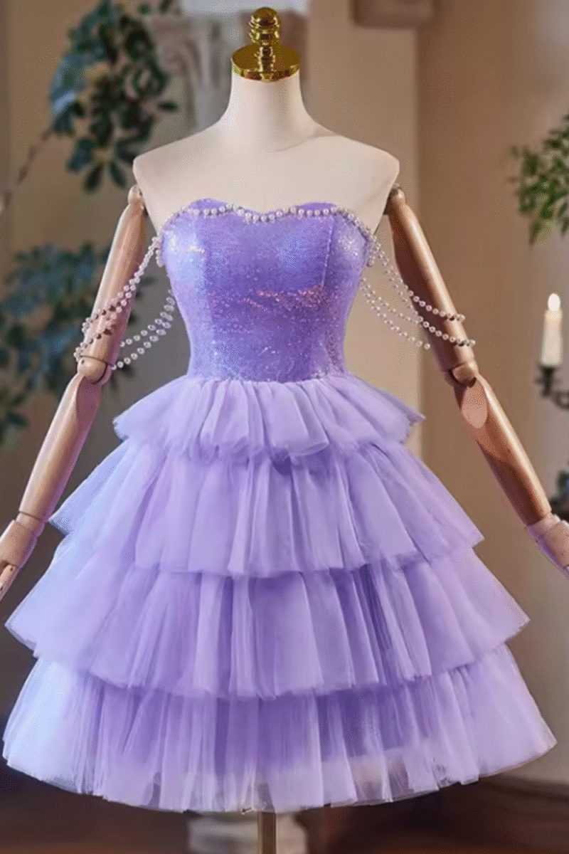 Purple Strapless Short Party Dress with Beading, Pearls & Ruffled Skirt