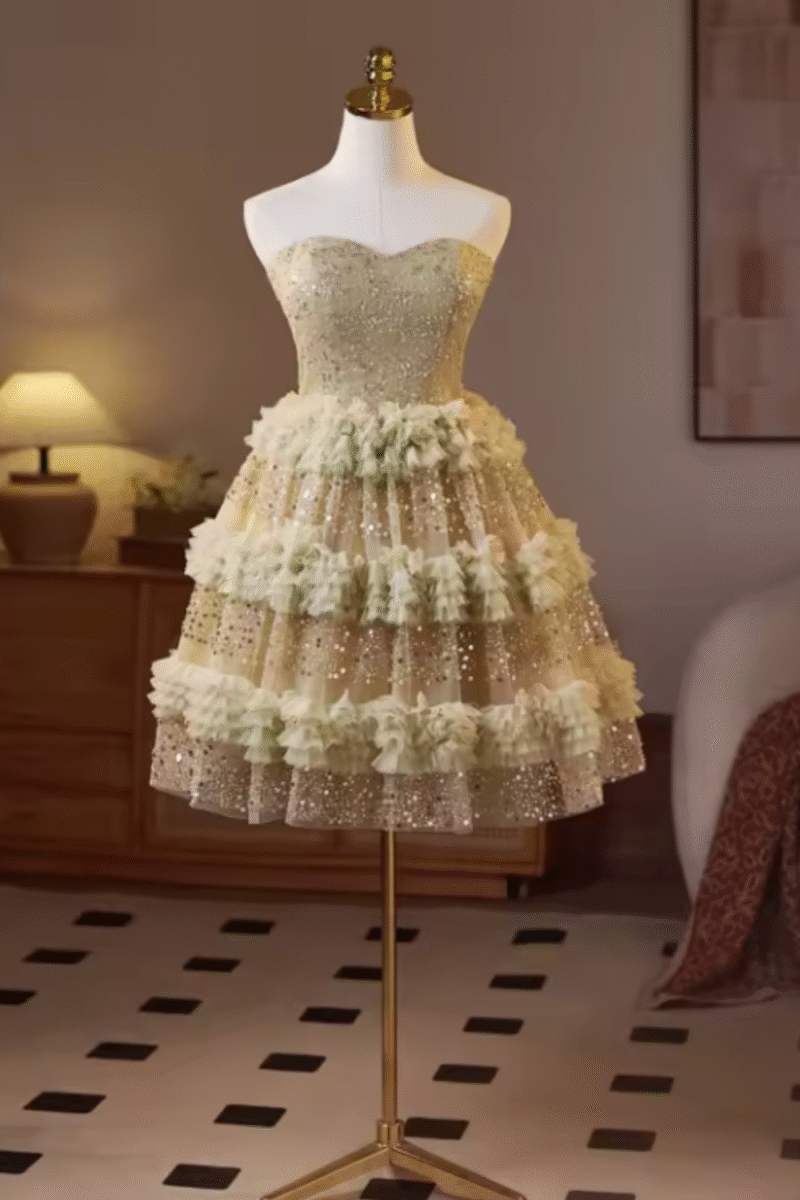 Gold & Green Sparkly Lace Strapless Short Prom Dress with Ruffled Skirt